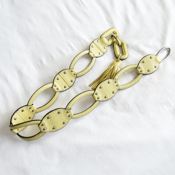 Karen Millen Accessories - VINTAGE Yellow Leather Link Belt With Silver Studs Karen Millen Waist Belt Chic